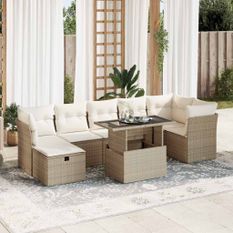 Salon de jardin avec coussins 8 pcs beige résine tressée