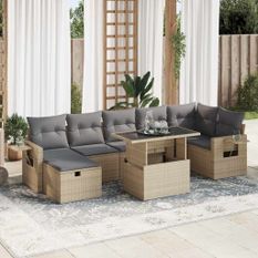 Salon de jardin avec coussins 8 pcs beige résine tressée