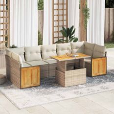 Salon de jardin avec coussins 8 pcs beige résine tressée acacia