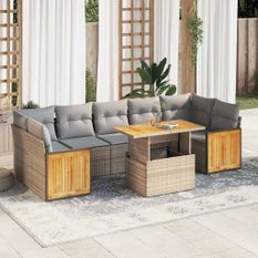 Salon de jardin avec coussins 8 pcs beige résine tressée acacia