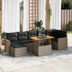 Salon de jardin avec coussins 8 pcs gris résine tressée acacia