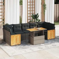 Salon de jardin avec coussins 8 pcs gris résine tressée acacia