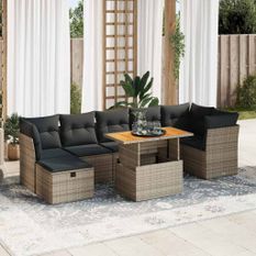 Salon de jardin avec coussins 8 pcs gris résine tressée acacia