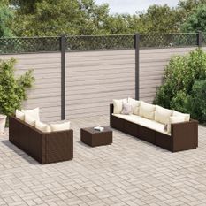 Salon de jardin avec coussins 8 pcs marron résine tressée