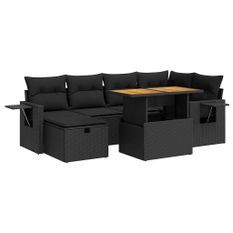 Salon de jardin avec coussins 8 pcs noir résine tressée acacia