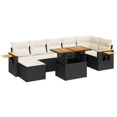 Salon de jardin avec coussins 8 pcs noir résine tressée acacia