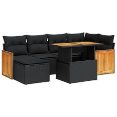 Salon de jardin avec coussins 8 pcs noir résine tressée acacia