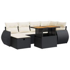 Salon de jardin avec coussins 8 pcs noir résine tressée acacia