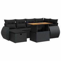 Salon de jardin avec coussins 8 pcs noir résine tressée acacia