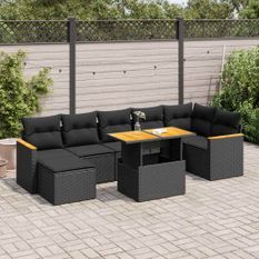 Salon de jardin avec coussins 8 pcs noir résine tressée acacia