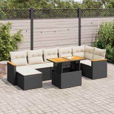 Salon de jardin avec coussins 8 pcs noir résine tressée acacia