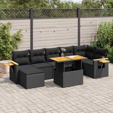 Salon de jardin avec coussins 8 pcs noir résine tressée acacia