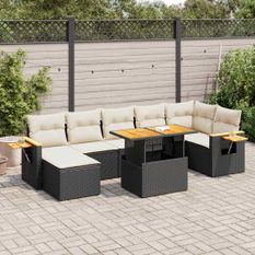 Salon de jardin avec coussins 8 pcs noir résine tressée acacia