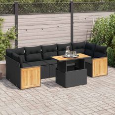 Salon de jardin avec coussins 8 pcs noir résine tressée acacia