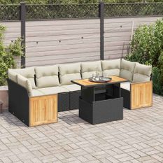 Salon de jardin avec coussins 8 pcs noir résine tressée acacia