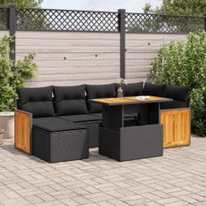 Salon de jardin avec coussins 8 pcs noir résine tressée acacia