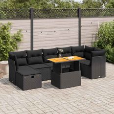 Salon de jardin avec coussins 8 pcs noir résine tressée acacia