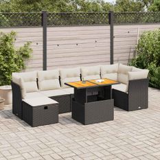 Salon de jardin avec coussins 8 pcs noir résine tressée acacia