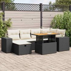 Salon de jardin avec coussins 8 pcs noir résine tressée acacia