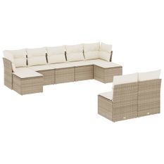 Salon de jardin avec coussins 9 pcs beige résine tressée