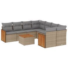 Salon de jardin avec coussins 9 pcs beige résine tressée
