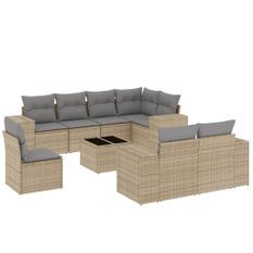 Salon de jardin avec coussins 9 pcs beige résine tressée
