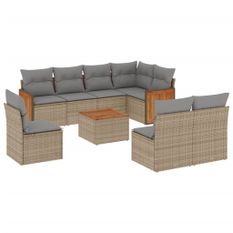 Salon de jardin avec coussins 9 pcs beige résine tressée