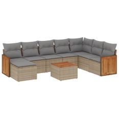 Salon de jardin avec coussins 9 pcs beige résine tressée