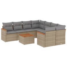 Salon de jardin avec coussins 9 pcs beige résine tressée