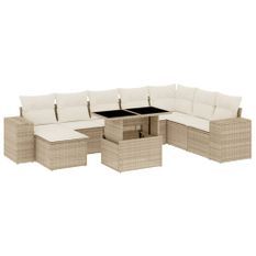 Salon de jardin avec coussins 9 pcs beige résine tressée