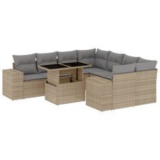 Salon de jardin avec coussins 9 pcs beige résine tressée