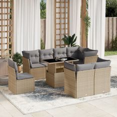 Salon de jardin avec coussins 9 pcs beige résine tressée