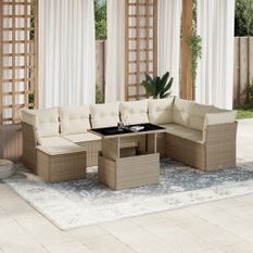 Salon de jardin avec coussins 9 pcs beige résine tressée