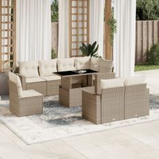 Salon de jardin avec coussins 9 pcs beige résine tressée