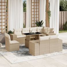 Salon de jardin avec coussins 9 pcs beige résine tressée