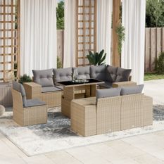 Salon de jardin avec coussins 9 pcs beige résine tressée