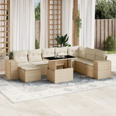 Salon de jardin avec coussins 9 pcs beige résine tressée