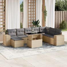 Salon de jardin avec coussins 9 pcs beige résine tressée