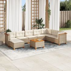 Salon de jardin avec coussins 9 pcs beige résine tressée