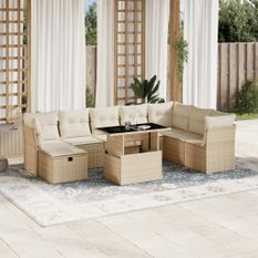 Salon de jardin avec coussins 9 pcs beige résine tressée