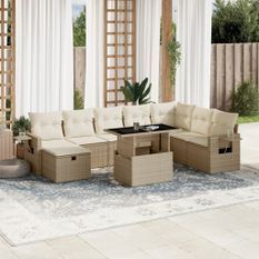 Salon de jardin avec coussins 9 pcs beige résine tressée