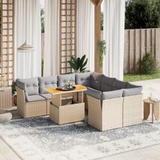 Salon de jardin avec coussins 9 pcs beige résine tressée