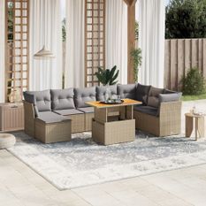 Salon de jardin avec coussins 9 pcs beige résine tressée