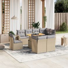 Salon de jardin avec coussins 9 pcs beige résine tressée