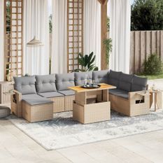 Salon de jardin avec coussins 9 pcs beige résine tressée