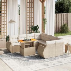 Salon de jardin avec coussins 9 pcs beige résine tressée