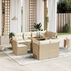 Salon de jardin avec coussins 9 pcs beige résine tressée