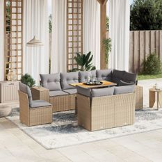 Salon de jardin avec coussins 9 pcs beige résine tressée