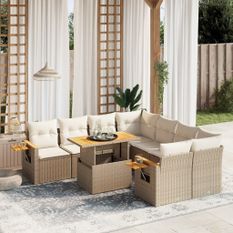 Salon de jardin avec coussins 9 pcs beige résine tressée