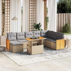 Salon de jardin avec coussins 9 pcs beige résine tressée